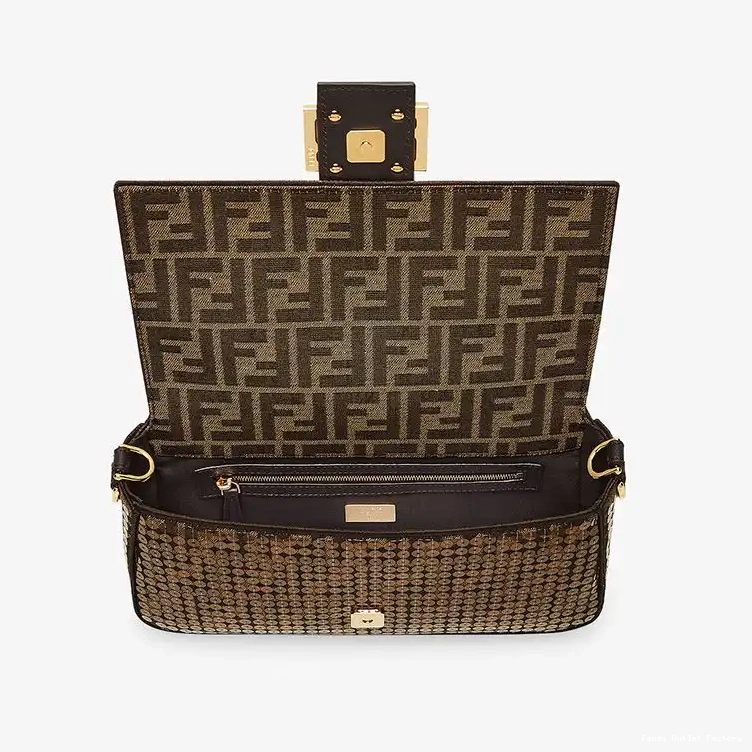 Vintage HOT Bag In with Fabric Brown FF Baguette Fendi Motif Sequins Medium 0521